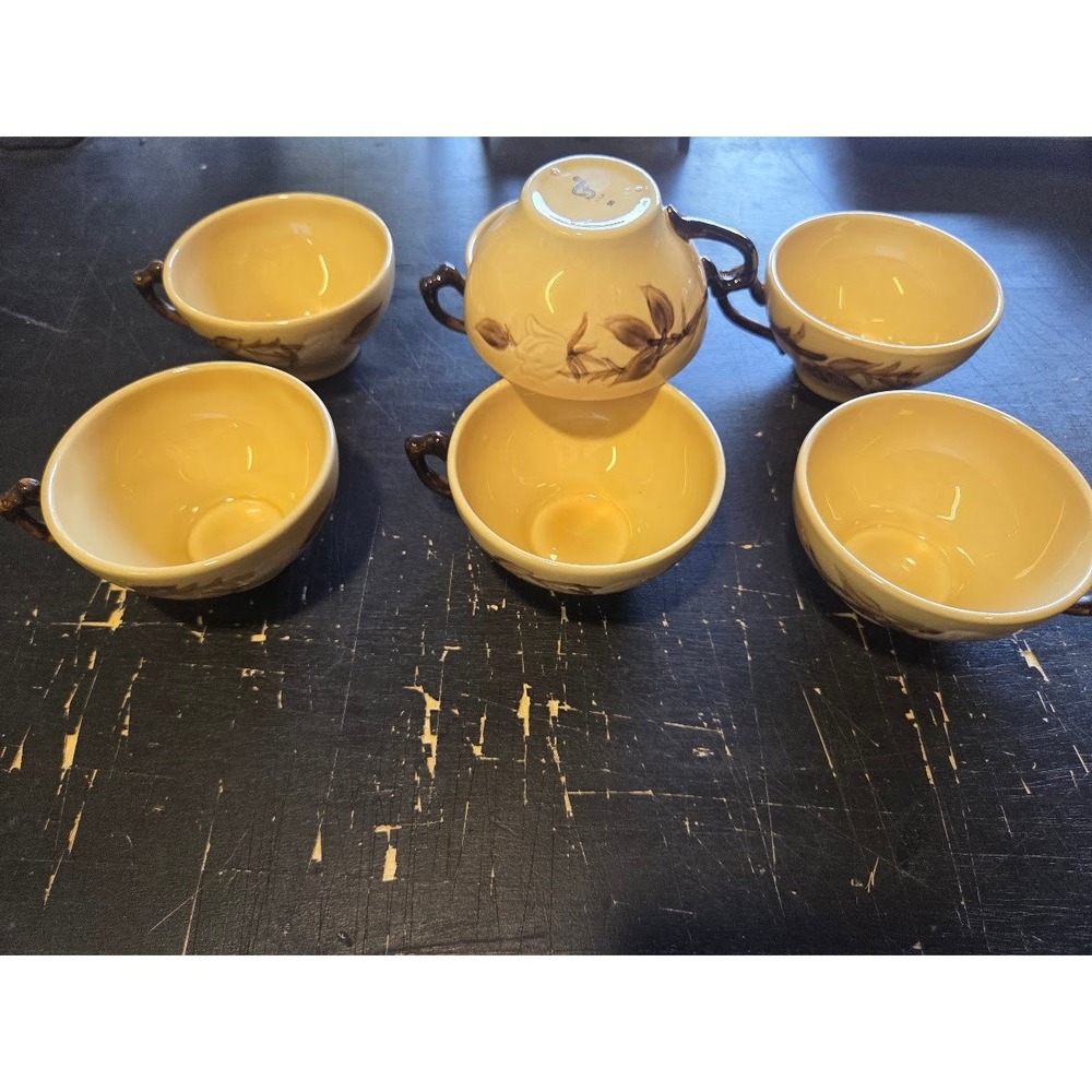 Vintage Franciscan Royal Cafe Tea Cups Set of 7 Yellow Brown Leaves USA